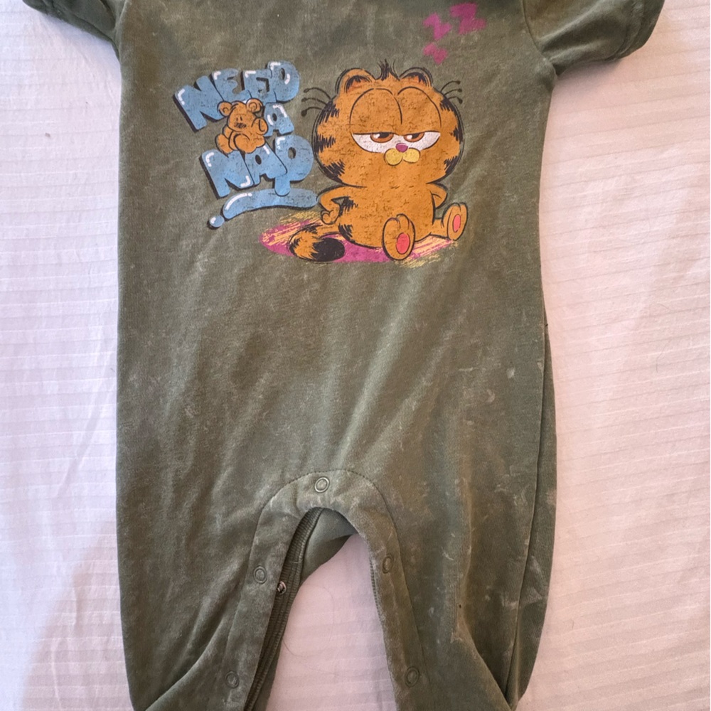 Green Baby Onesie with Garfield Cartoon Print